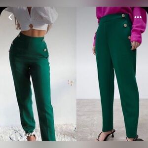 Zara High-Waist Emerald Green Button Detail Trousers